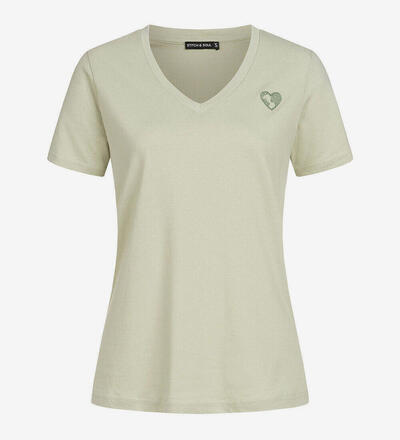 Produktbild f�r 'Damen V-Neck T-Shirt mit Herzstickerei greyish hell gr�n'