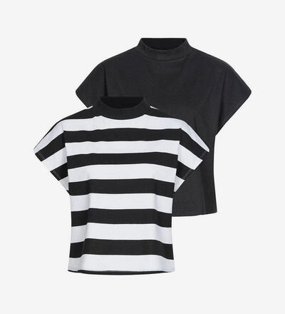 Produktbild f�r 'Damen 2er Pack Cropped T-Shirt Streifen Muster schwarz weiss & schwarz'