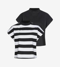 Produktbild f�r 'Damen 2er Pack Cropped T-Shirt Streifen Muster schwarz weiss & schwarz'
